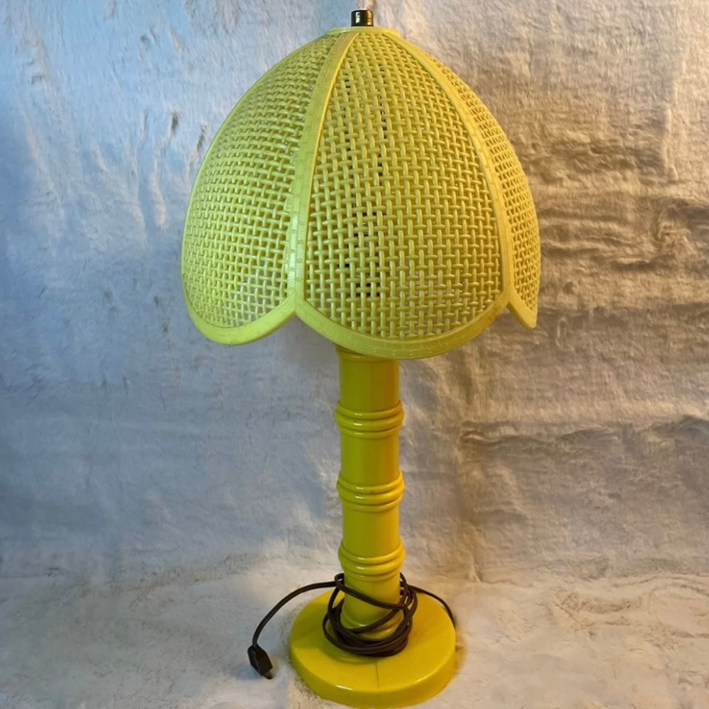 Vintage Yellow Plastic Table Lamp Faux Bamboo & Wicker Shade 60's/70's Boho